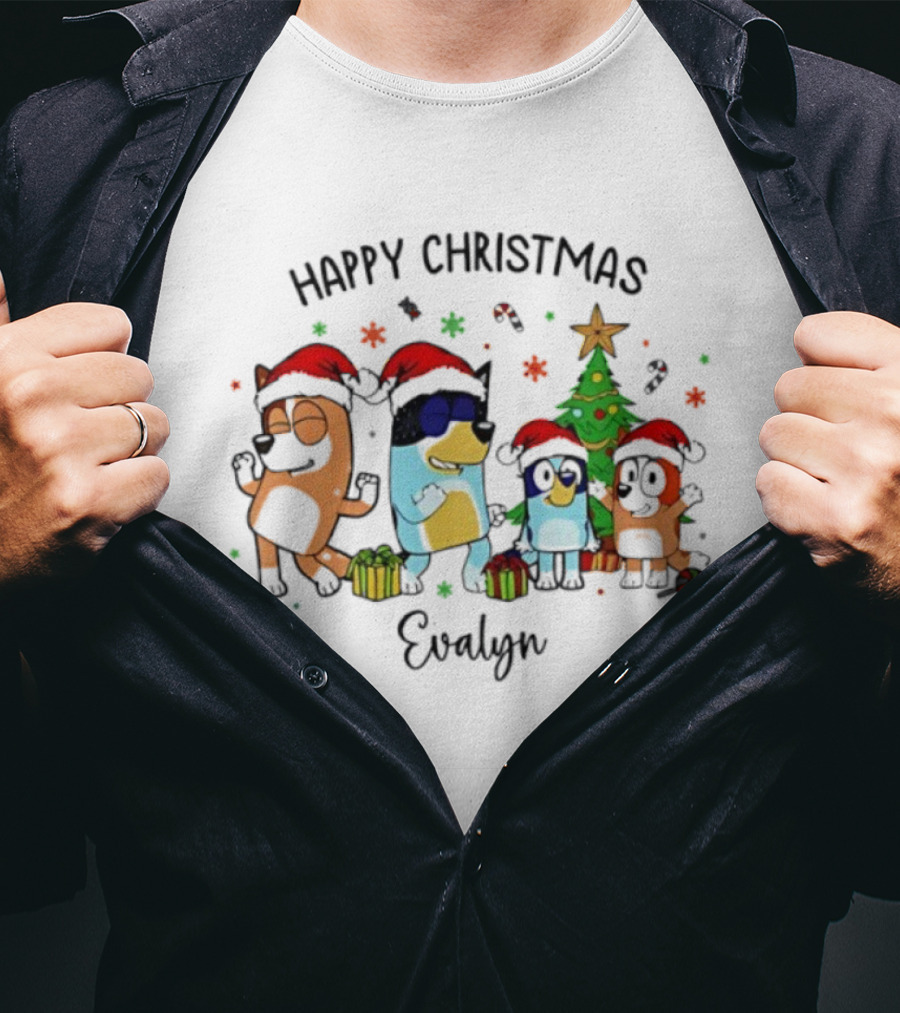 Happy Christmas Blue Dog Personalized Evelyn T-Shirt