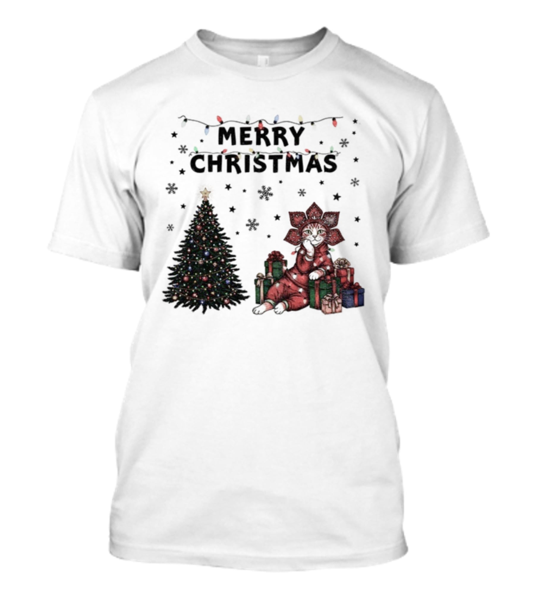 Cute Cat With Gifts Christmas Tree Lights Merry Christmas T-Shirt