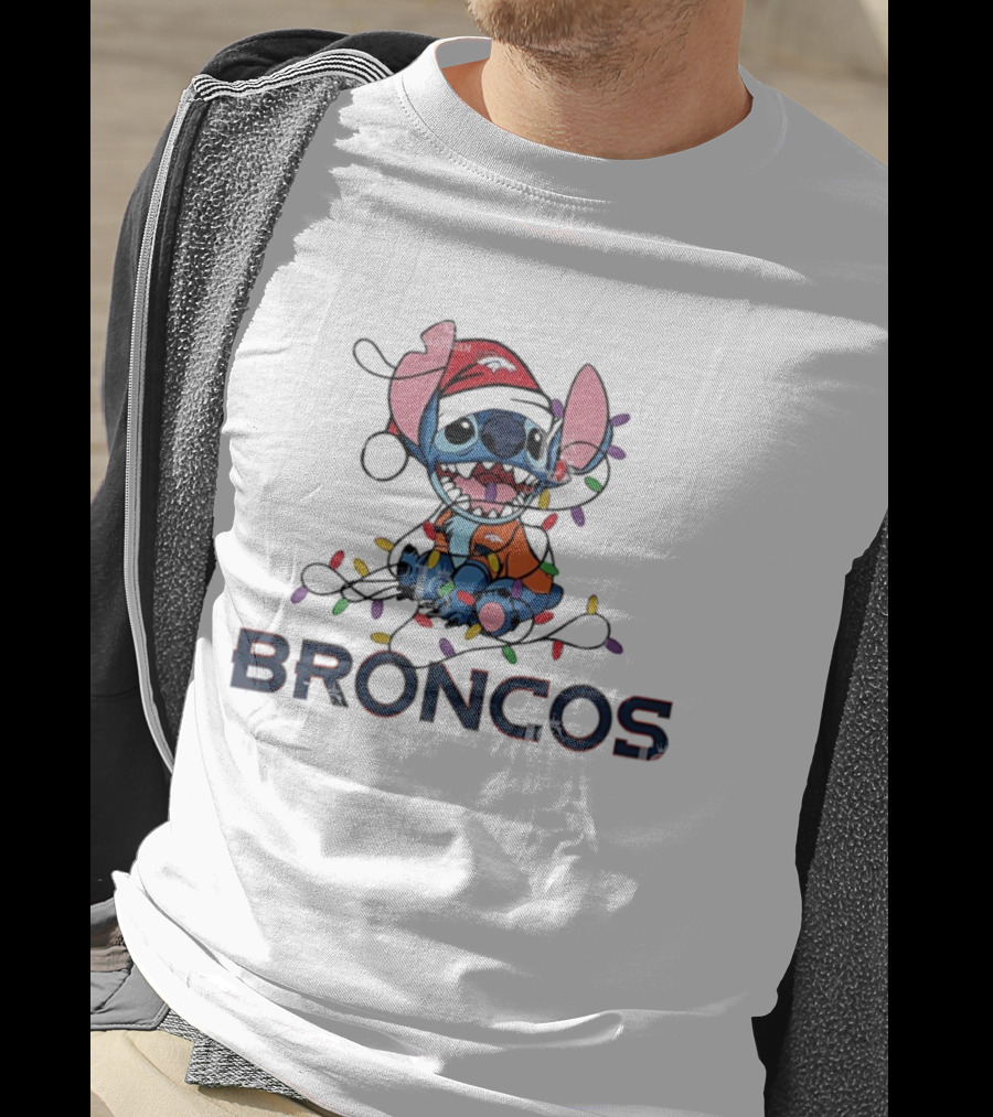 Denver Broncos Stitch Christmas Lights T-Shirt