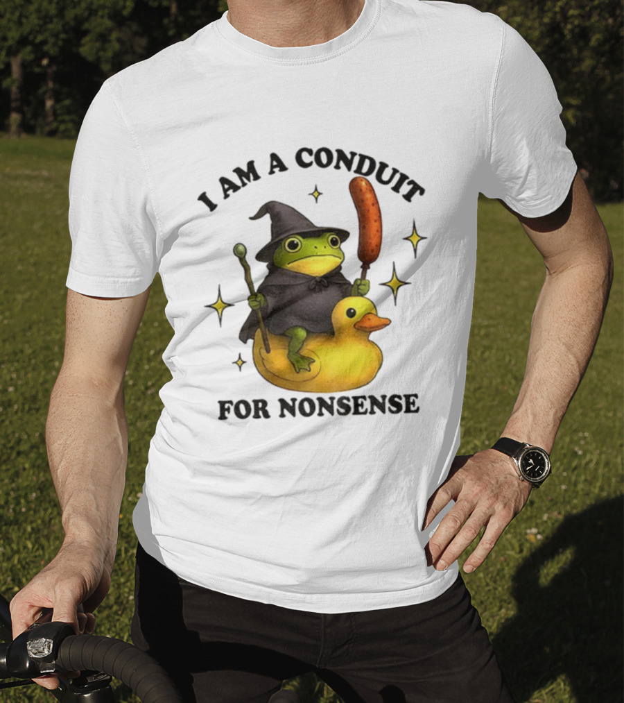 I Am A Conduit For Nonsense Frog On Rubber Duck With Wizard Hat And Sausage Wand T-Shirt