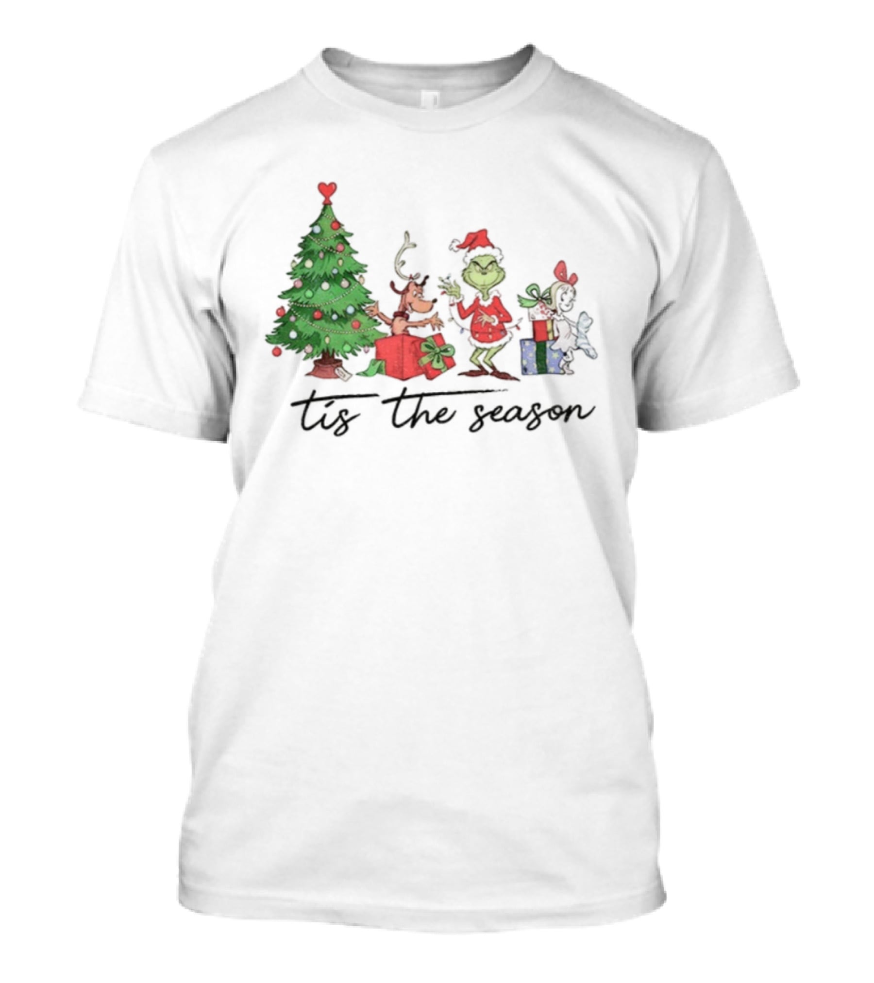 Max Grinch Cindy Lou Who Reindeer Santa Hat Tis The Season Merry Christmas Tree T-Shirt