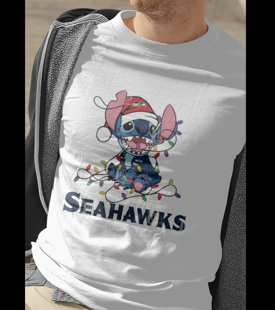 Seattle Seahawks Stitch Christmas Lights T-Shirt