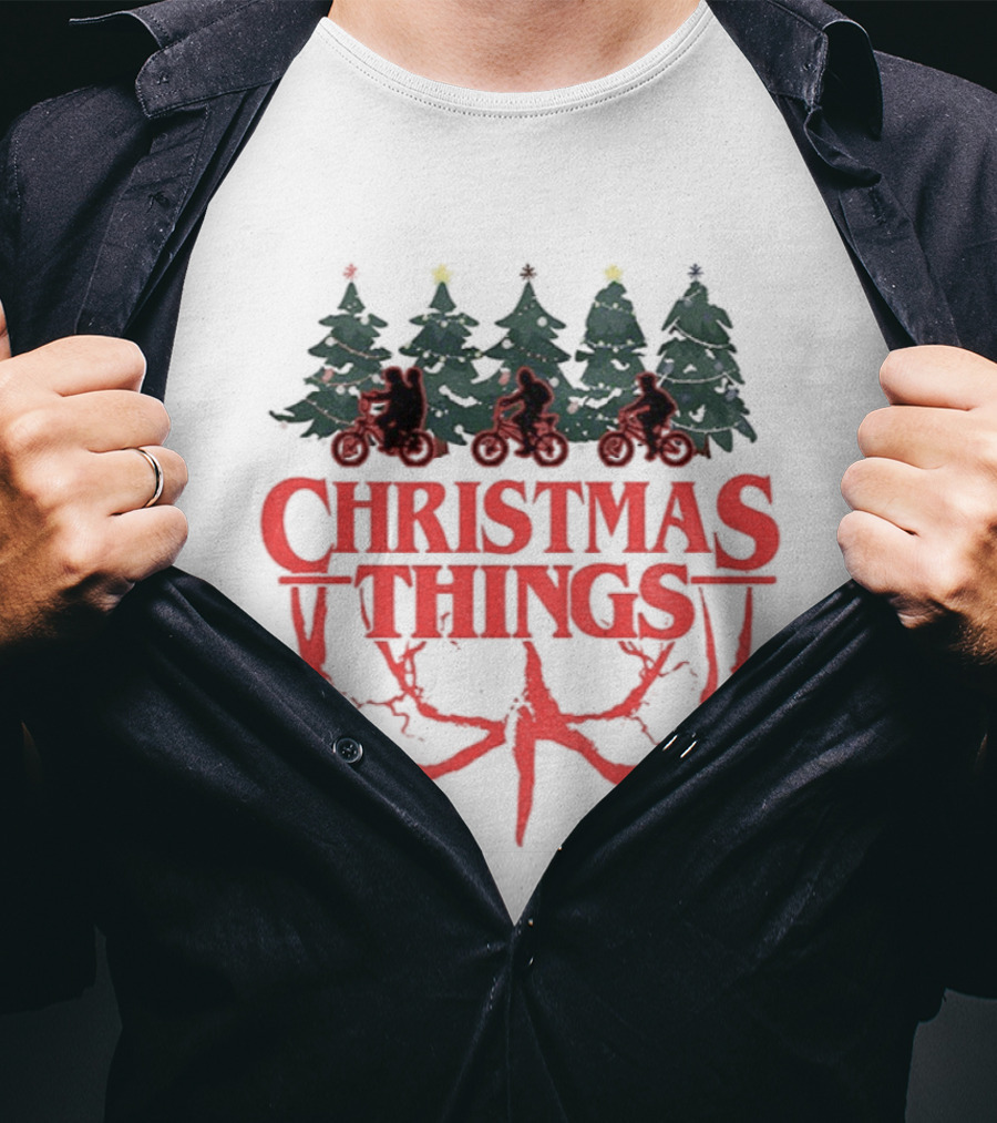 Stranger Things Christmas Christmas Things Merry Christmas Trees And Bicycles T-Shirt