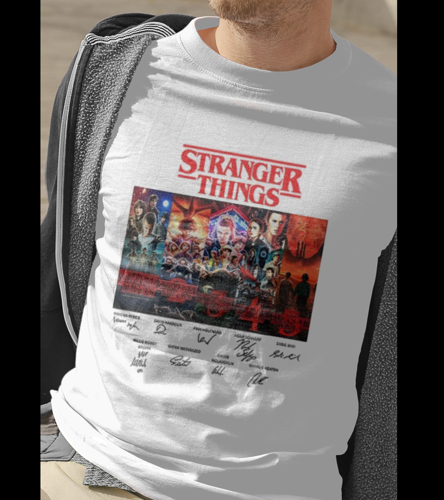 Stranger Things Seasons 1-5 Collage With Cast Signatures And Retro Logo T-Shirt