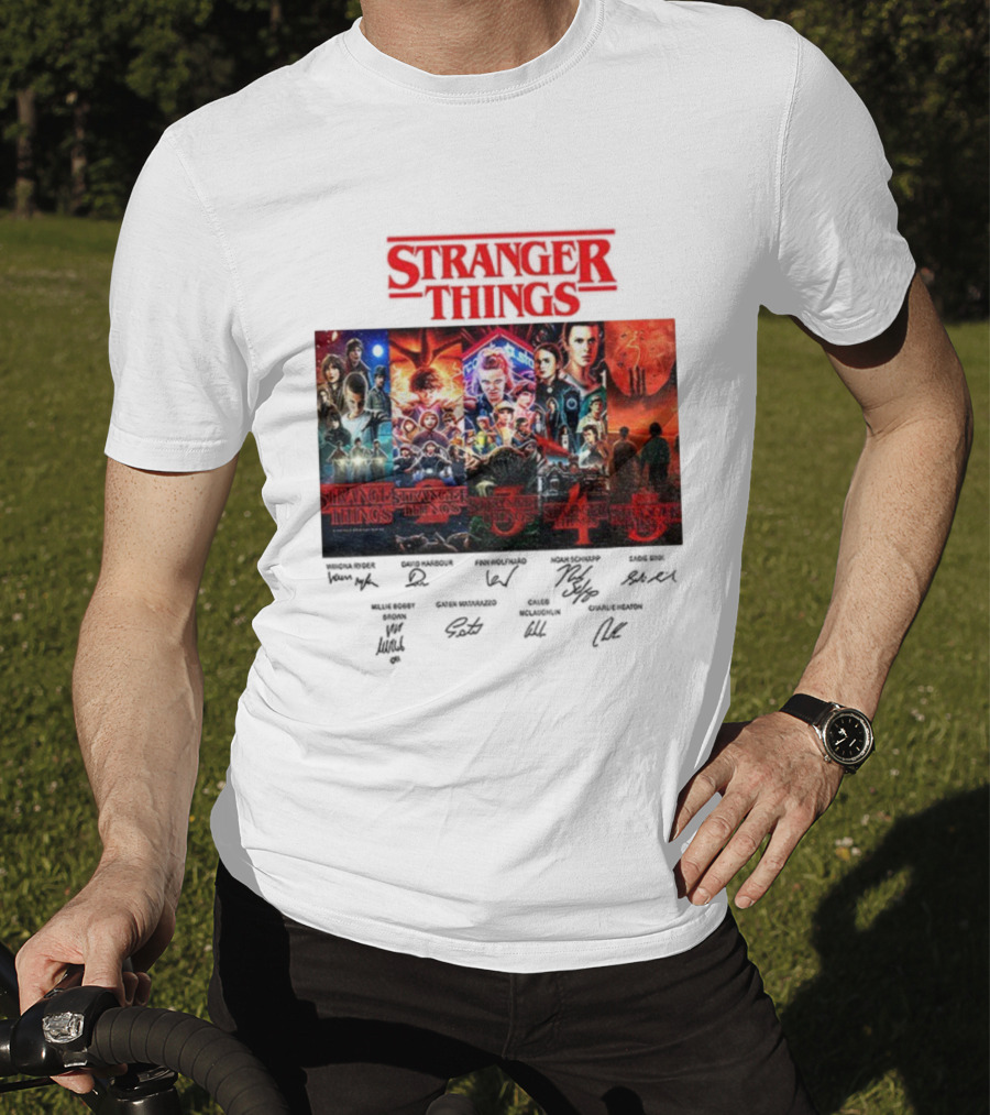 Stranger Things Seasons 1-5 Collage With Cast Signatures And Retro Logo T-Shirt