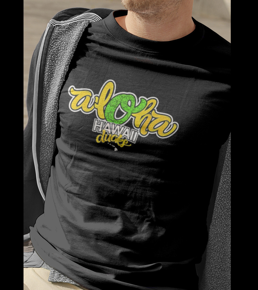Aloha Hawaii Ducks Text On Green And Yellow T-Shirt