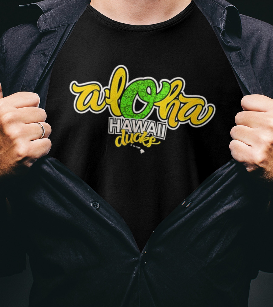 Aloha Hawaii Ducks Text On Green And Yellow T-Shirt