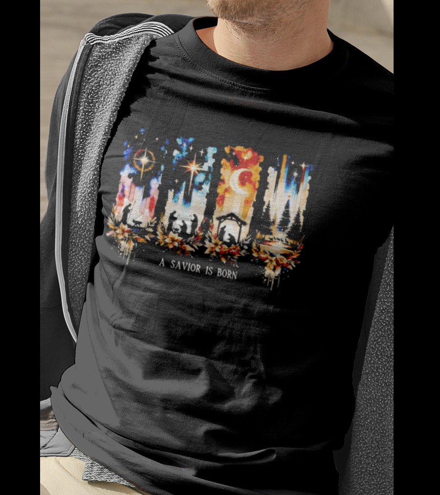 A Savior Is Born Nativity Christmas Scene With Stars And Manger T-Shirt