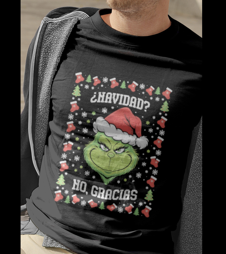 Grinch Navidad No Gracias Christmas Santa Hat T-Shirt