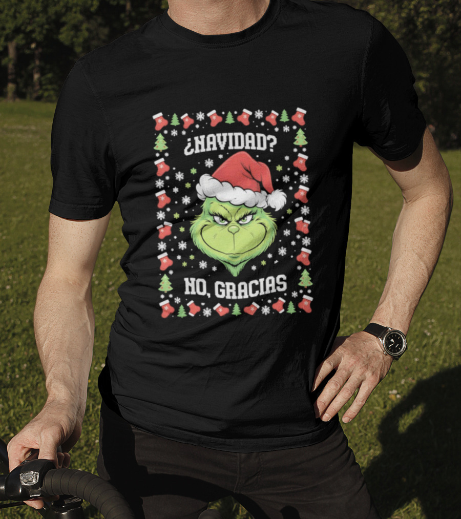Grinch Navidad No Gracias Christmas Santa Hat T-Shirt