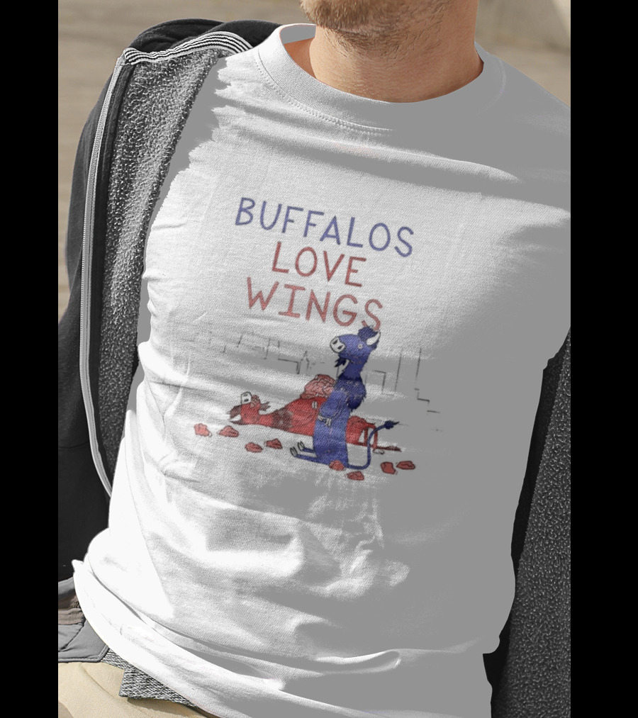 Buffalos Love Wings Cartoon Character Eating Chicken Wing Pile T-Shirt