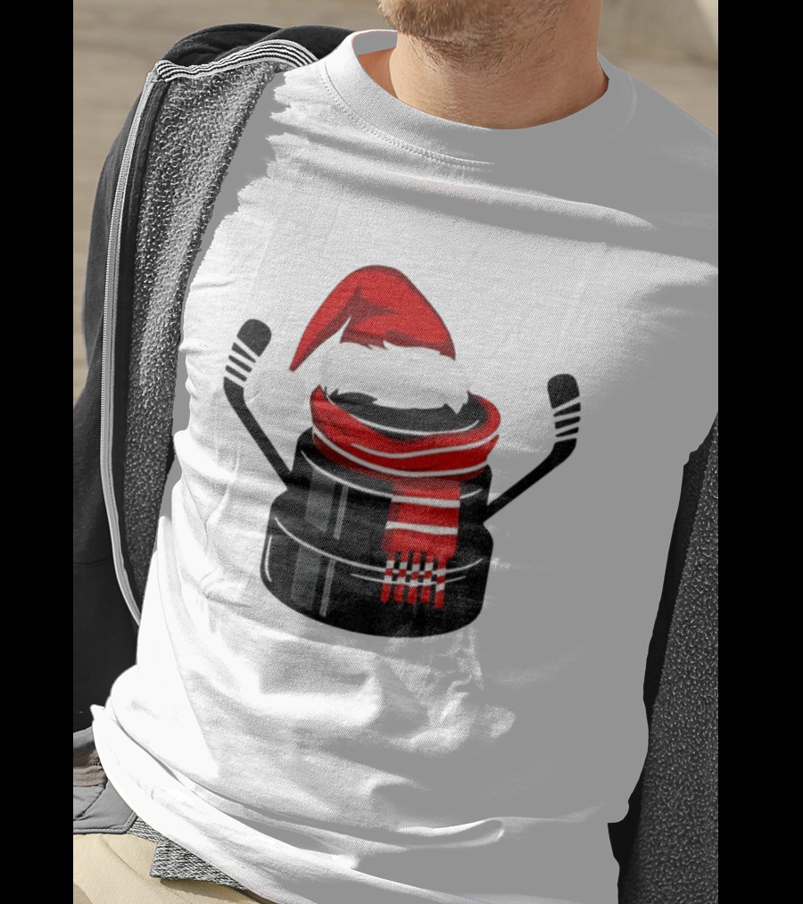 Hockey Puck Santa Hat Merry Christmas Festive Holiday T-Shirt