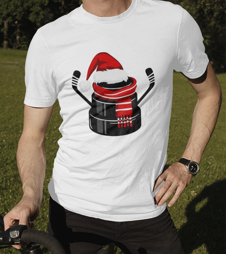 Hockey Puck Santa Hat Merry Christmas Festive Holiday T-Shirt