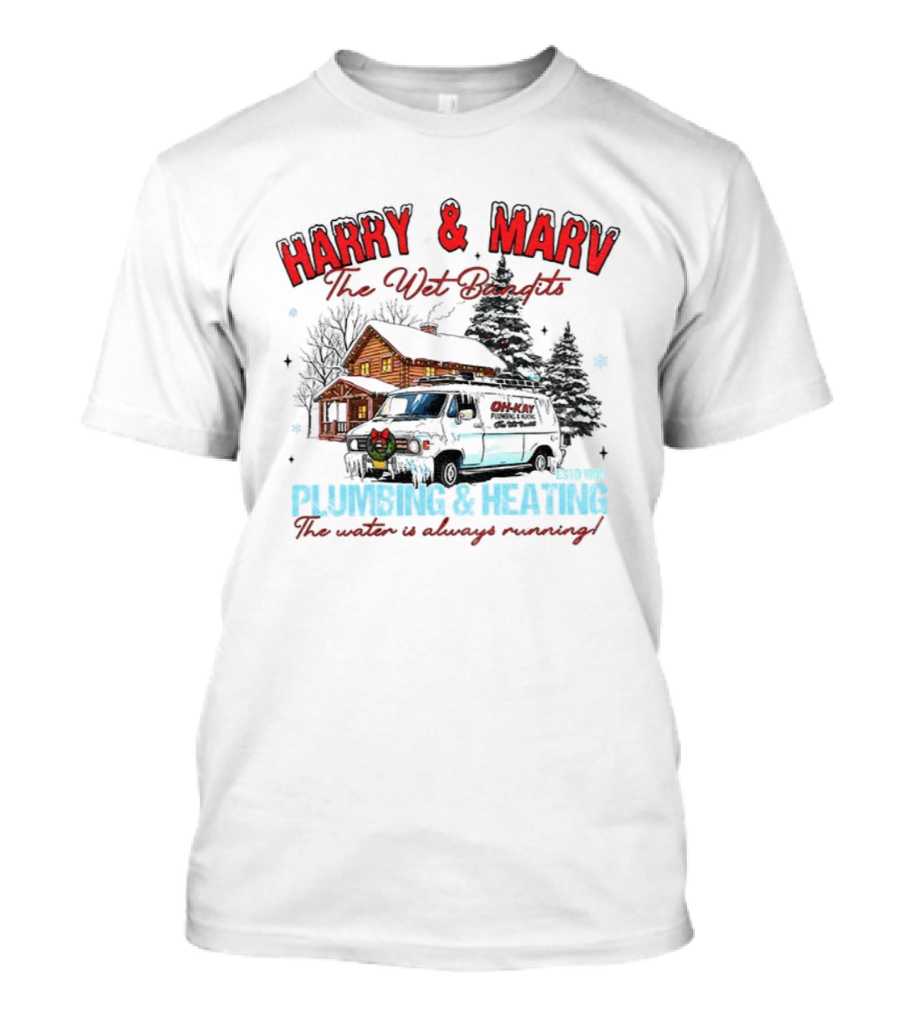Harry And Marv The Wet Bandits Plumbing And Heating Christmas Winter Cabin Black Van T-Shirt