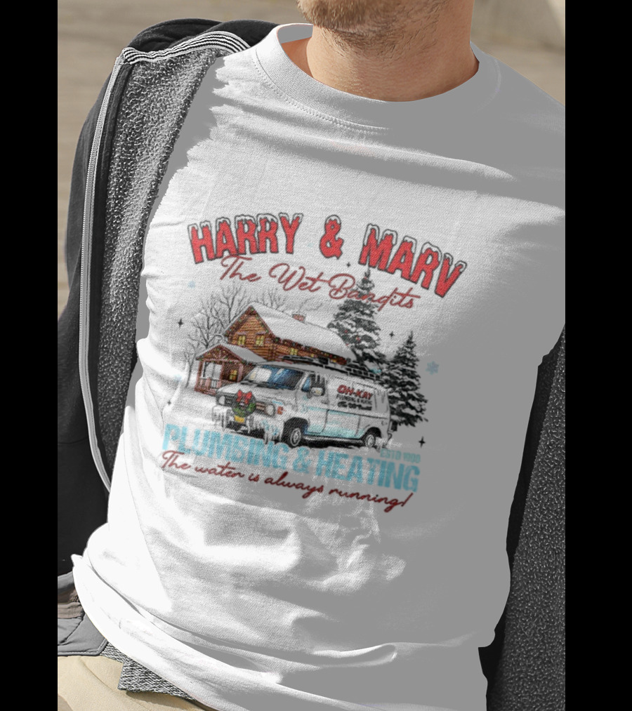 Harry And Marv The Wet Bandits Plumbing And Heating Christmas Winter Cabin Black Van T-Shirt