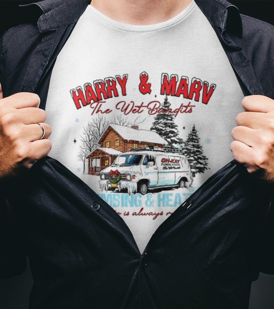 Harry And Marv The Wet Bandits Plumbing And Heating Christmas Winter Cabin Black Van T-Shirt