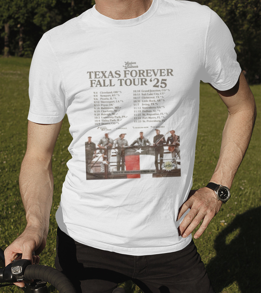 Hudson Westbrook Texas Forever Fall Tour '25 Dates With Texas Flag And Cowboy Band Imagery T-Shirt