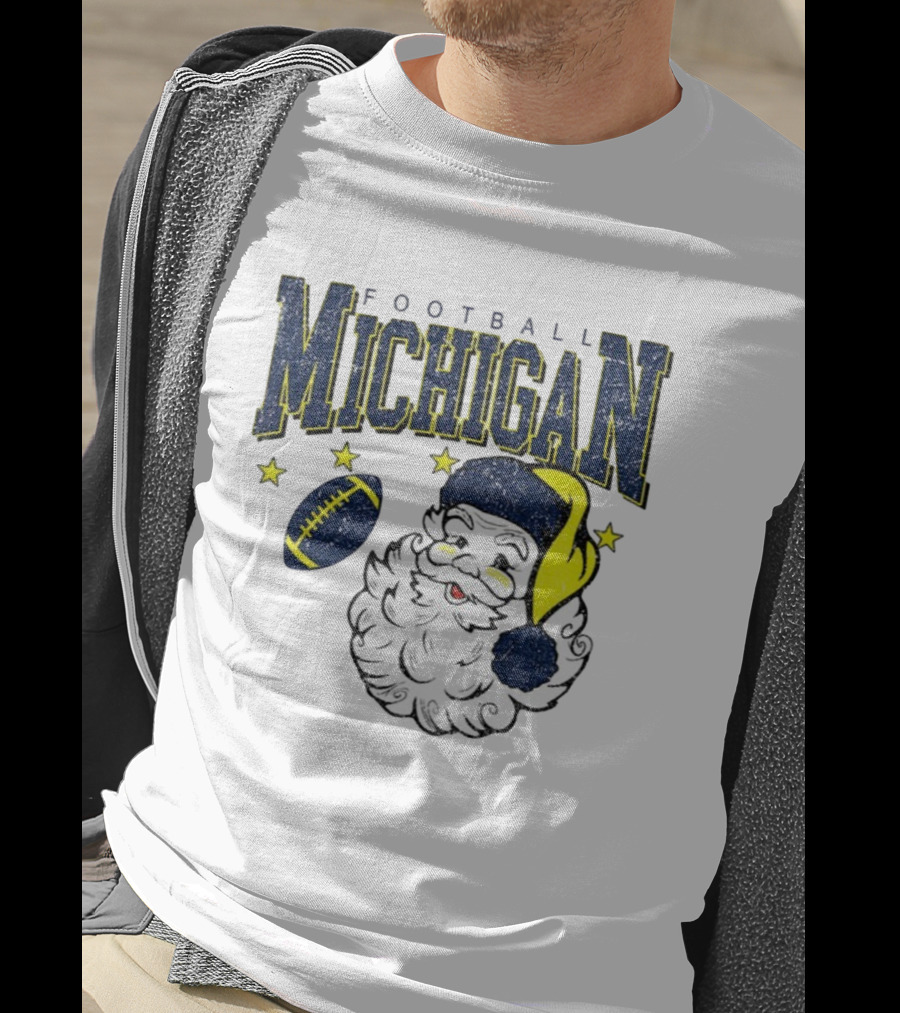 Michigan Wolverines Football Christmas Santa With Stars And Football Design T-Shirt