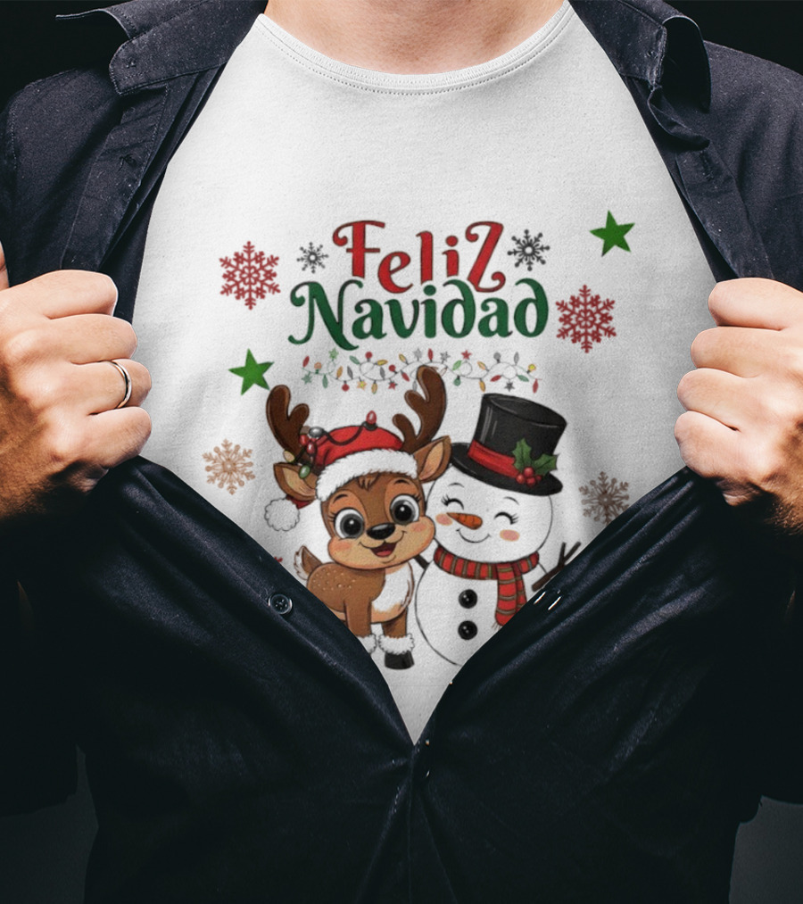 Feliz Navidad Christmas Reindeer And Snowman Holiday Theme T-Shirt