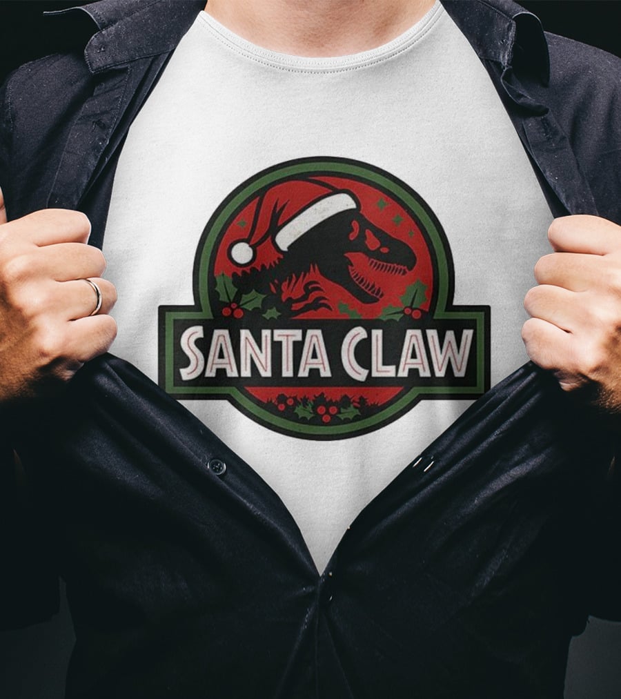 Santa Claw Christmas Dinosaur Jurassic Park Santa Hat Holiday T-Shirt