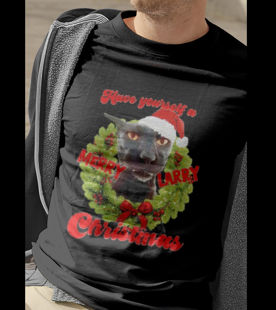 Merry Larry Christmas Black Cat Wreath Santa Hat T-Shirt