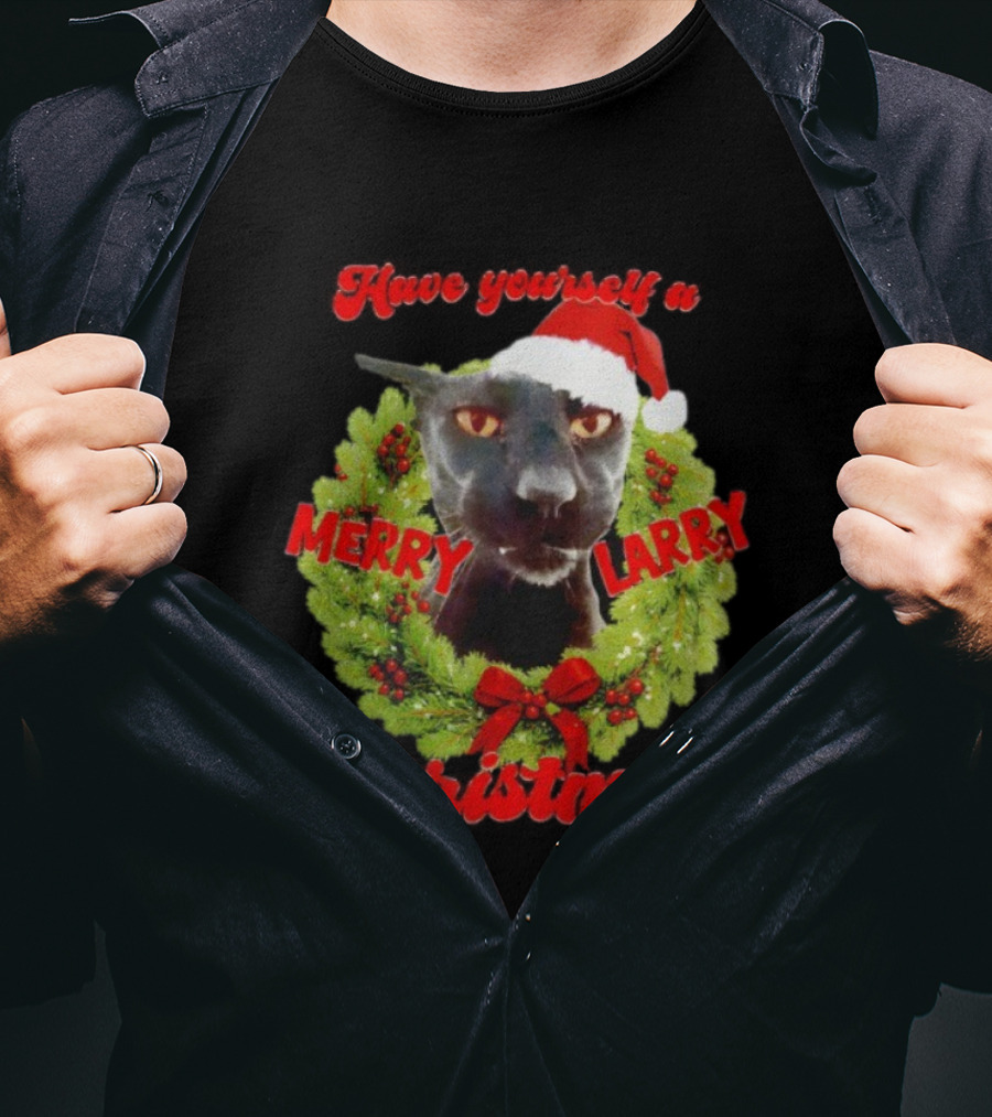 Merry Larry Christmas Black Cat Wreath Santa Hat T-Shirt