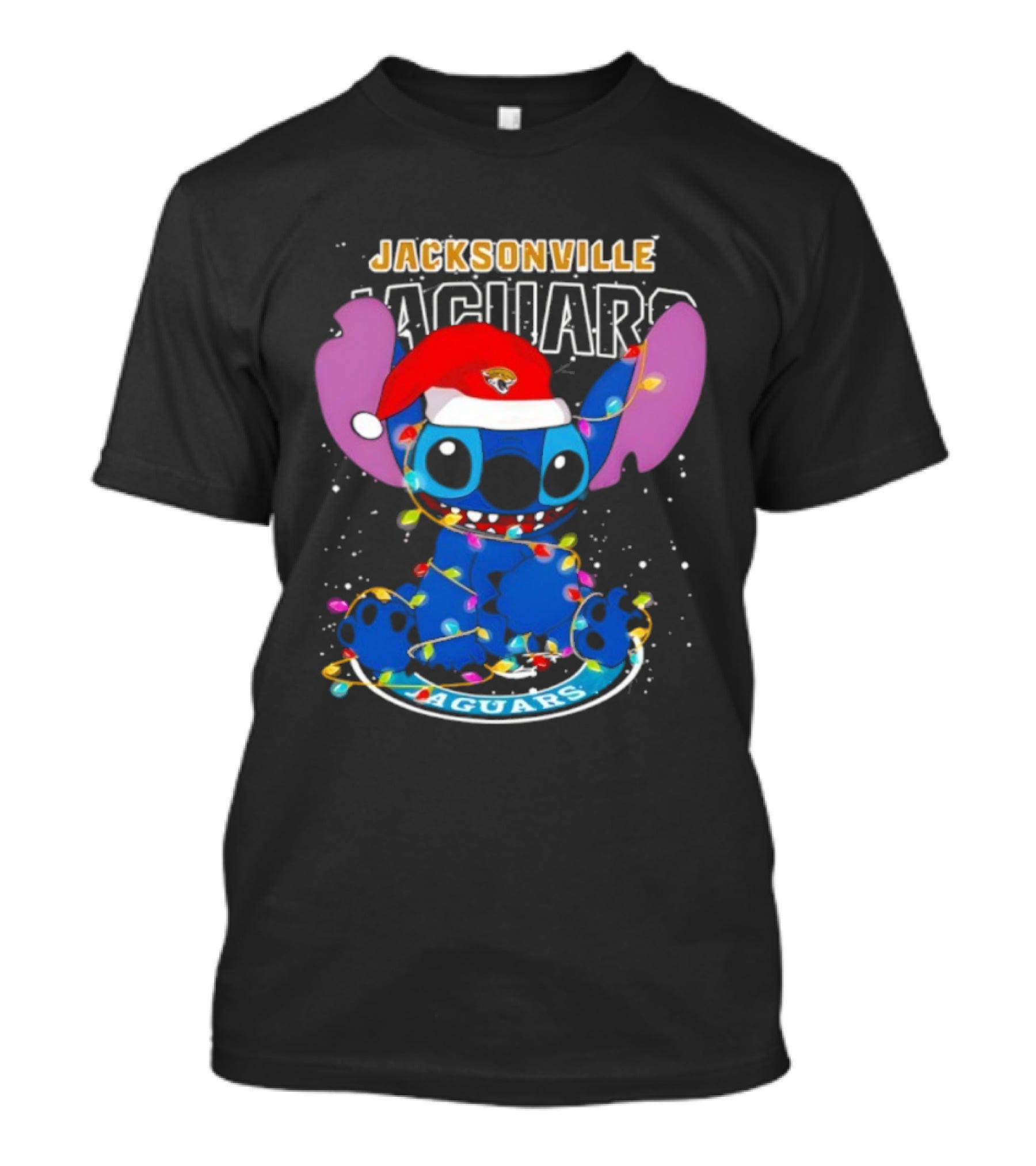 Jacksonville Jaguars Noel Christmas Stitch With Festive Lights And Santa Hat T-Shirt