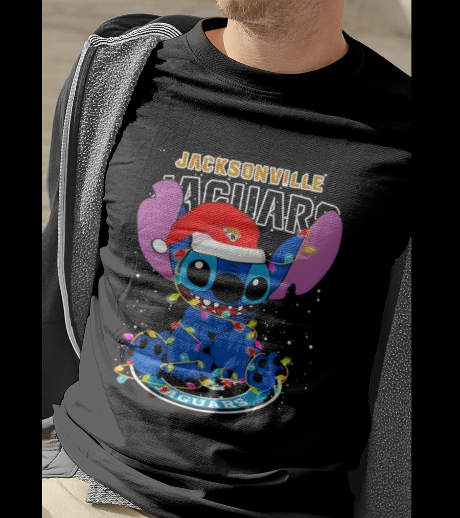 Jacksonville Jaguars Noel Christmas Stitch With Festive Lights And Santa Hat T-Shirt