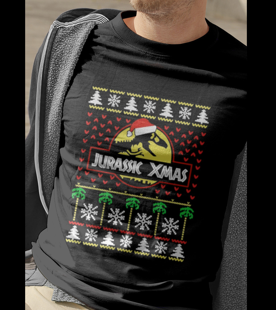 Jurassic Xmas Santa Hat Ugly Christmas Sweater Style T-Shirt