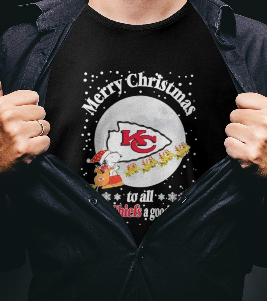 Merry Christmas Kansas City Chiefs To All And To Chiefs A Good Season Snoopy Santa Reindeer Sleigh T-Shirt