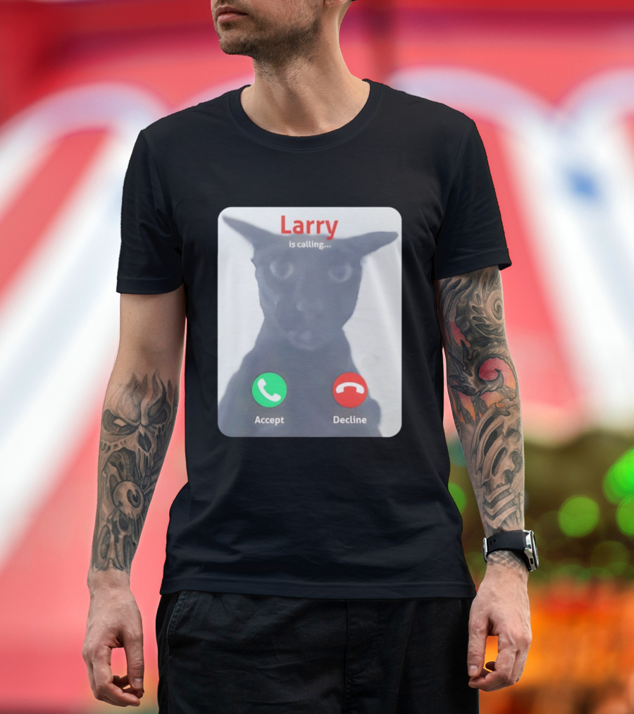 Larry Is Calling Accept Decline Black Cat Face Meme T-Shirt