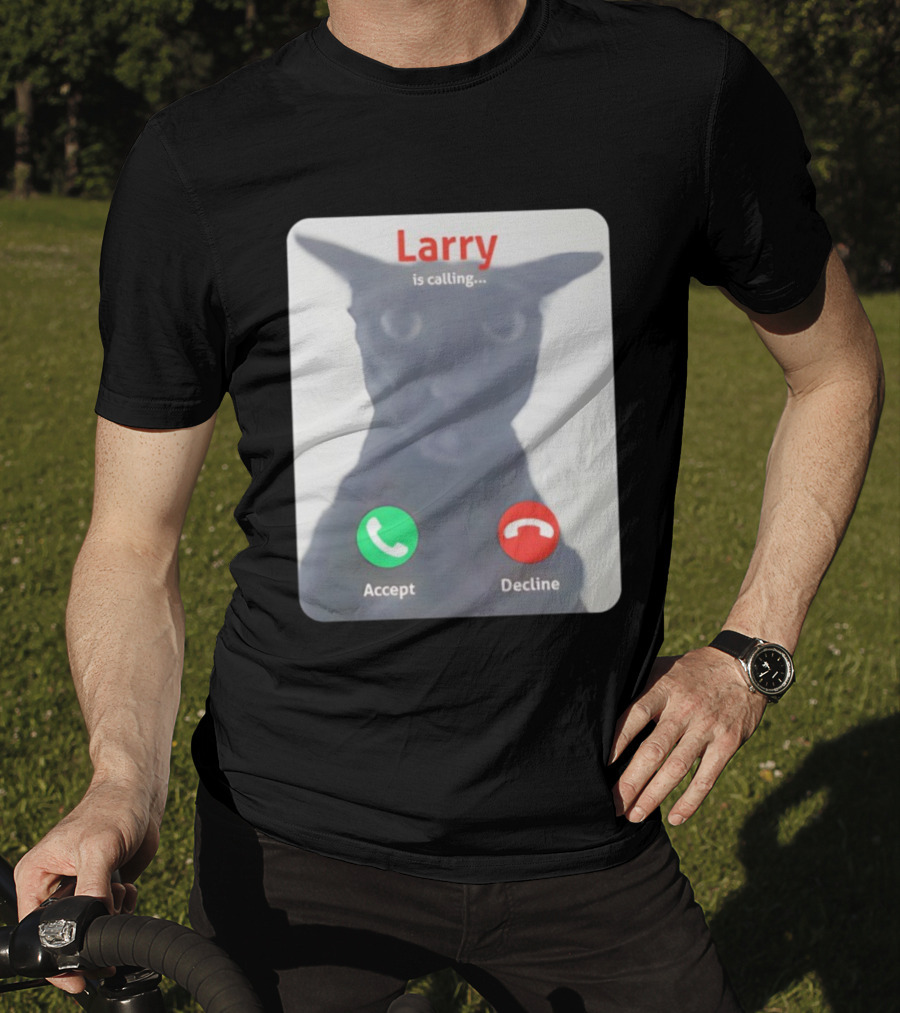 Larry Is Calling Accept Decline Black Cat Face Meme T-Shirt