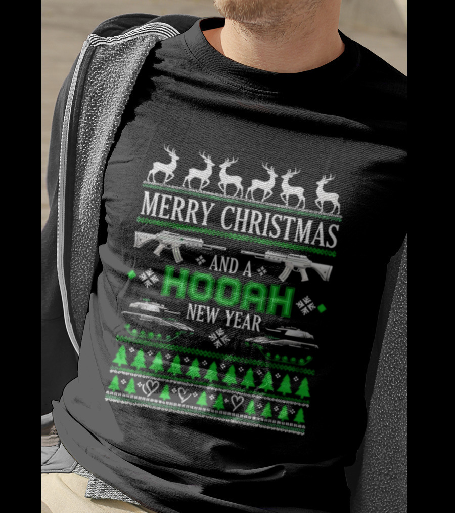 Merry Christmas And A Hooah New Year U.S. Army Tank Rifle Reindeer Trees T-Shirt