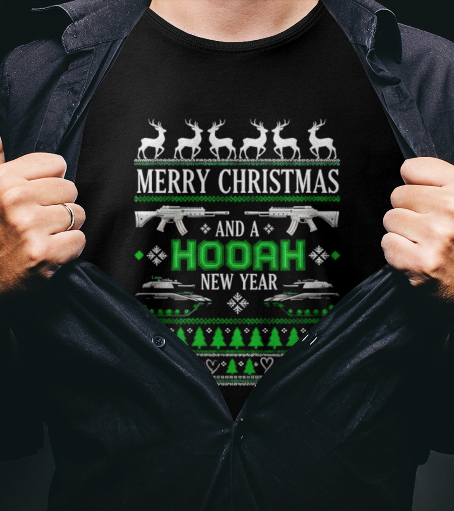 Merry Christmas And A Hooah New Year U.S. Army Tank Rifle Reindeer Trees T-Shirt