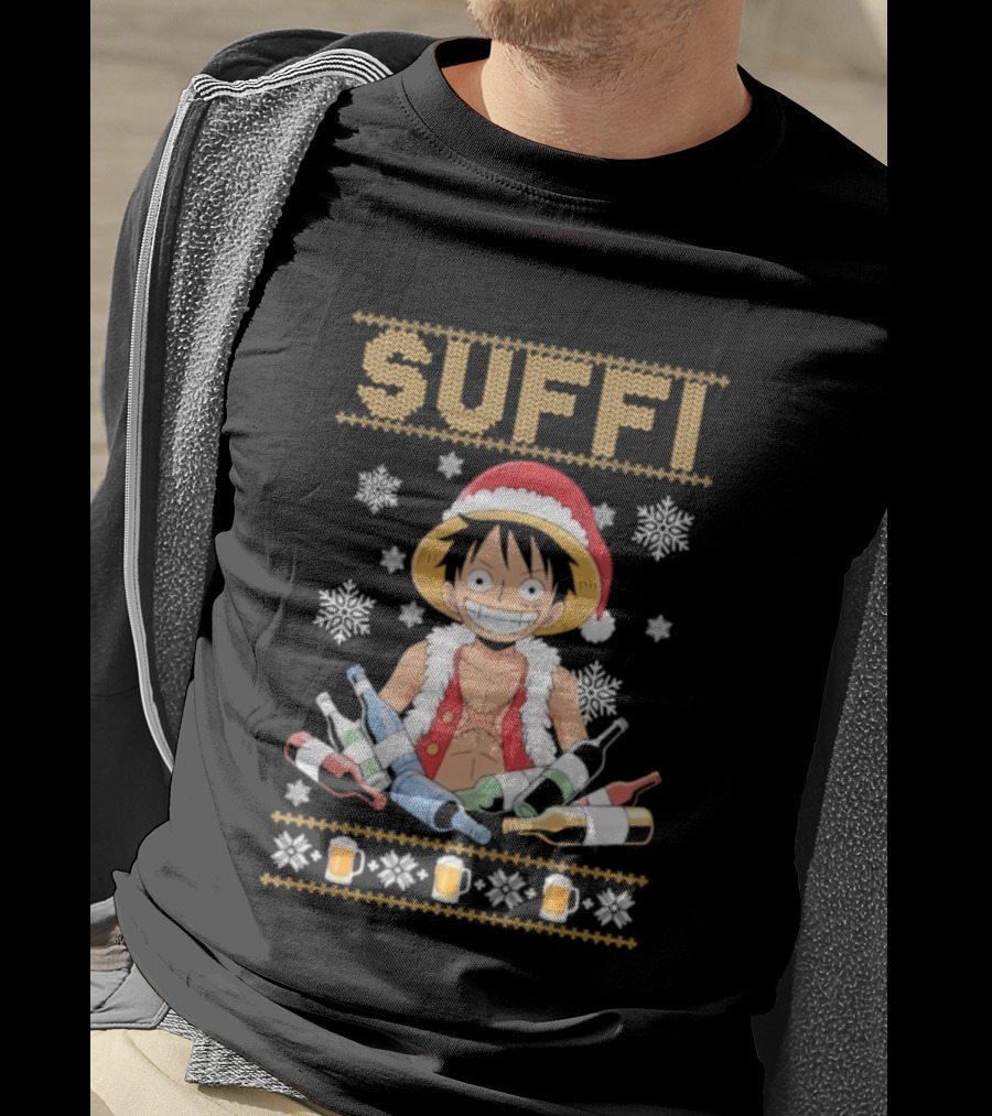 Monkey D. Luffy One Piece Suffi Christmas Santa Hat Beer Bottles Snowflakes T-Shirt