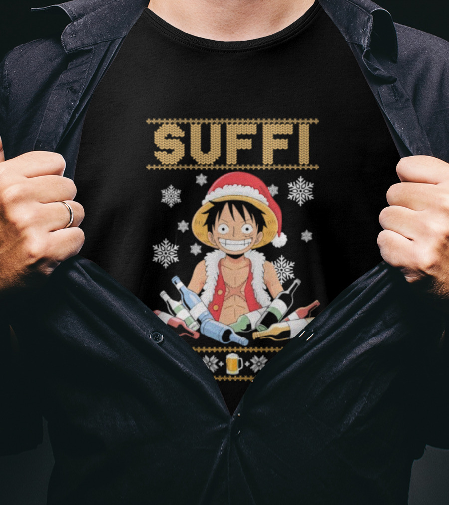 Monkey D. Luffy One Piece Suffi Christmas Santa Hat Beer Bottles Snowflakes T-Shirt