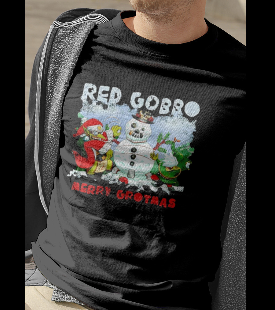 Red Gobbo Merry Grotmas Snowman Scene With Goblins Holiday Cheer T-Shirt