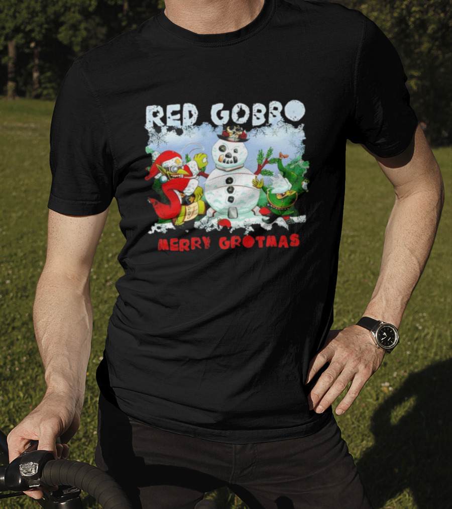 Red Gobbo Merry Grotmas Snowman Scene With Goblins Holiday Cheer T-Shirt