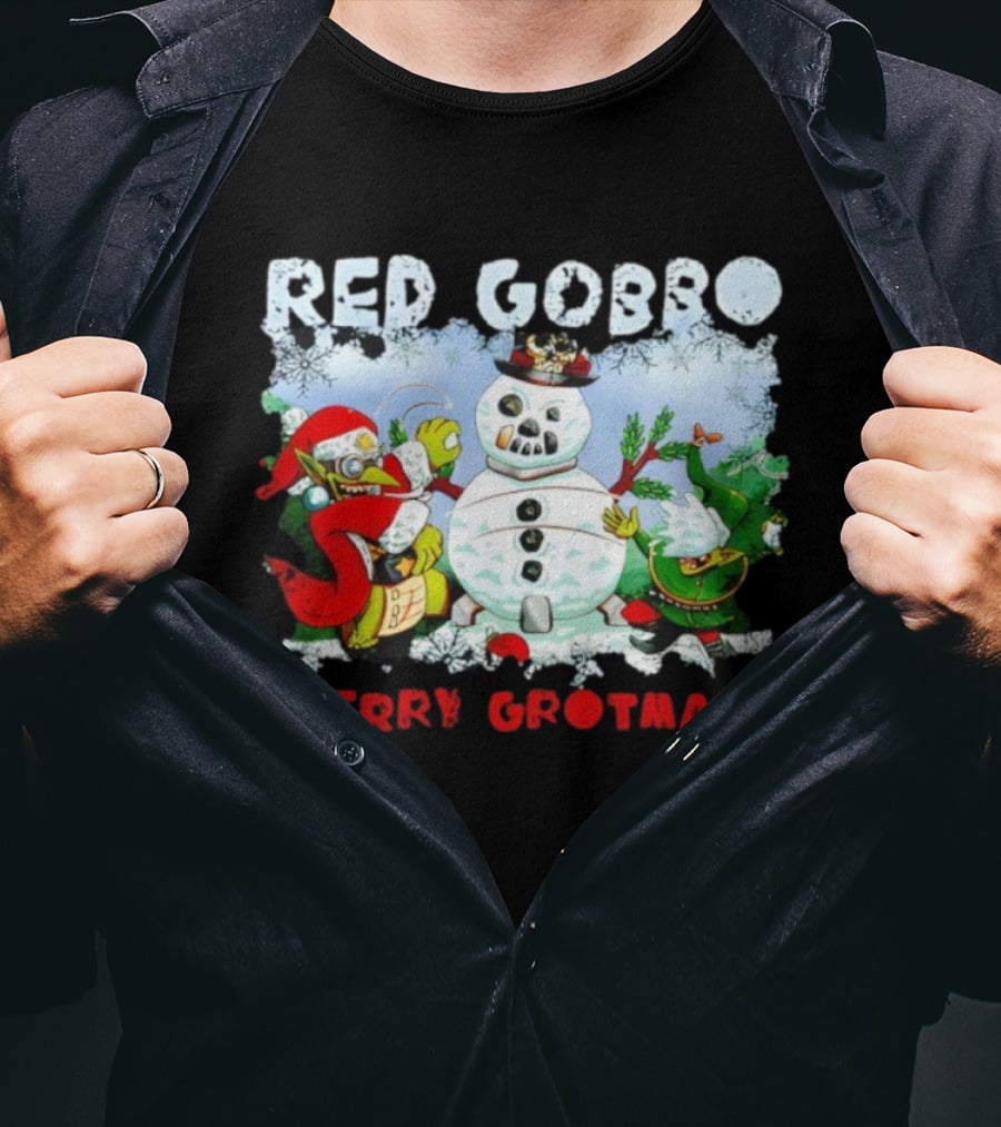 Red Gobbo Merry Grotmas Snowman Scene With Goblins Holiday Cheer T-Shirt