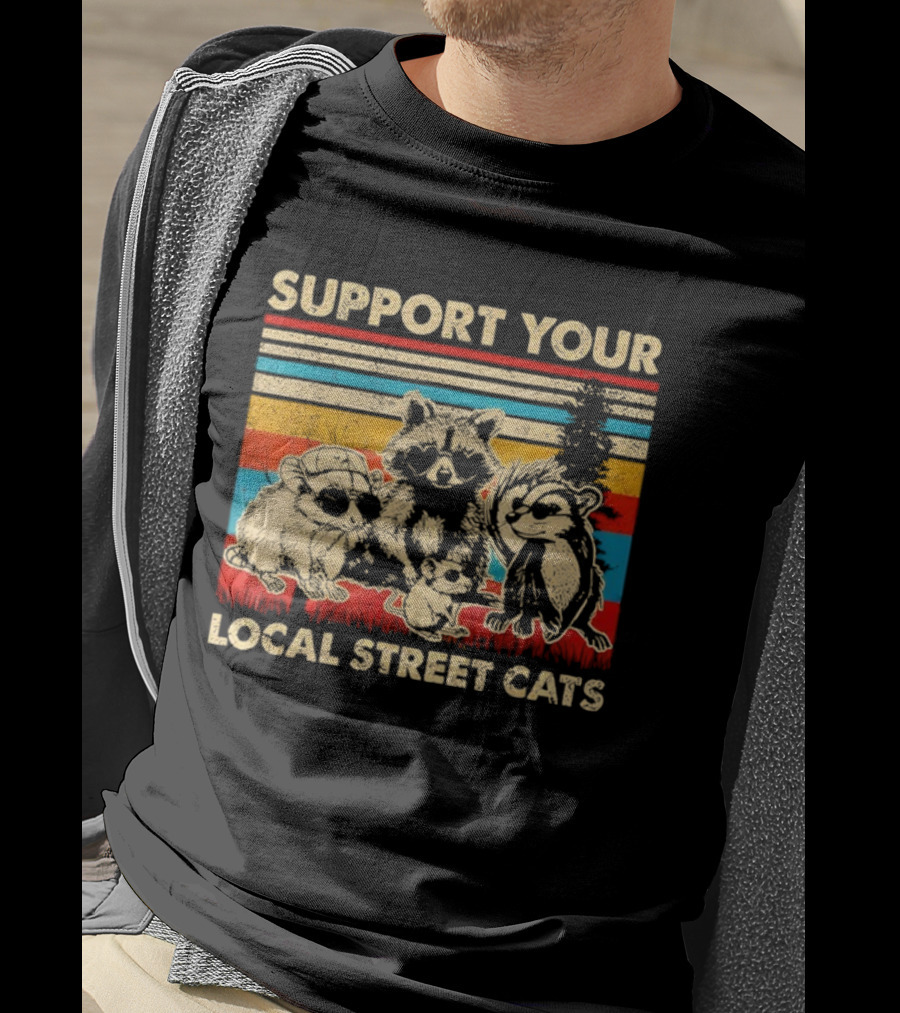 Support Your Local Street Cats Opossum Raccoon Vintage Stripes T-Shirt