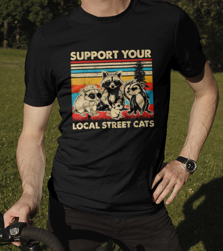 Support Your Local Street Cats Opossum Raccoon Vintage Stripes T-Shirt