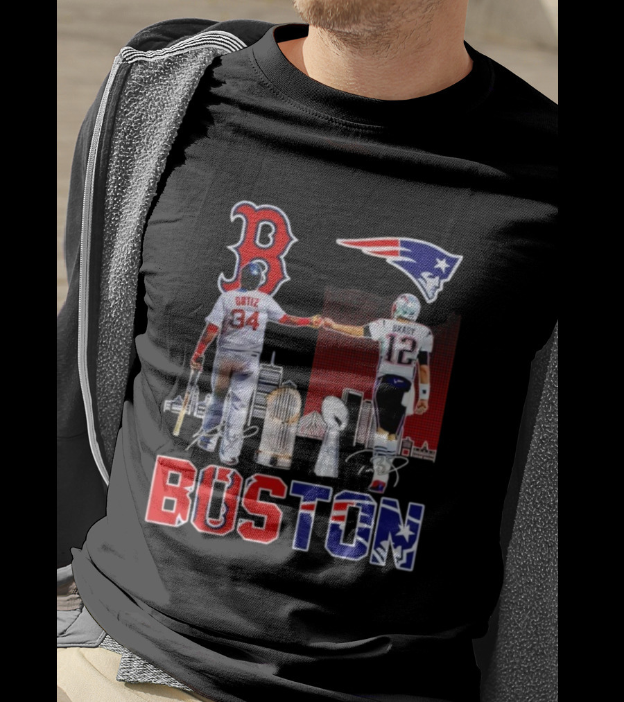 Boston Sports Ortiz Brady Signatures Patriots Red Sox Champions T-Shirt