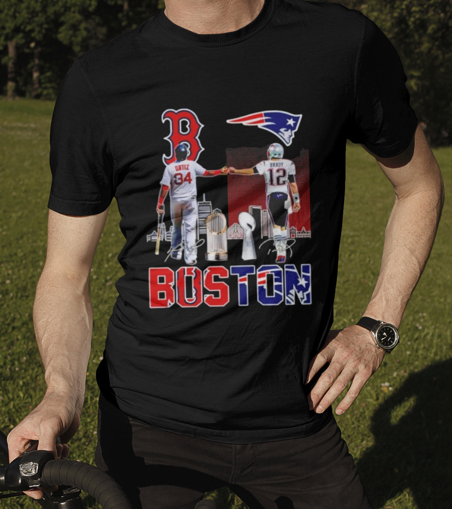 Boston Sports Ortiz Brady Signatures Patriots Red Sox Champions T-Shirt