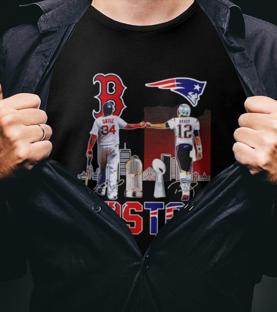 Boston Sports Ortiz Brady Signatures Patriots Red Sox Champions T-Shirt