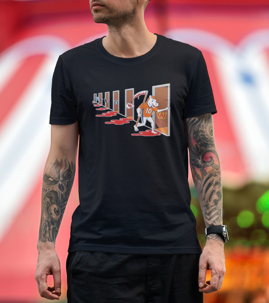 Denver Broncos Mascot With Scythe Visits NFL Rivals Giants Texans Raiders Chiefs Commanders With Bloody Doors T-Shirt