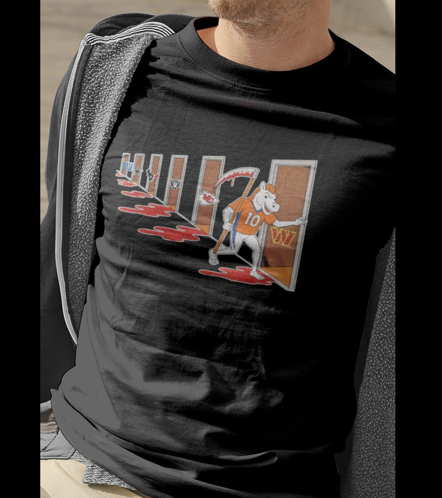 Denver Broncos Mascot With Scythe Visits NFL Rivals Giants Texans Raiders Chiefs Commanders With Bloody Doors T-Shirt