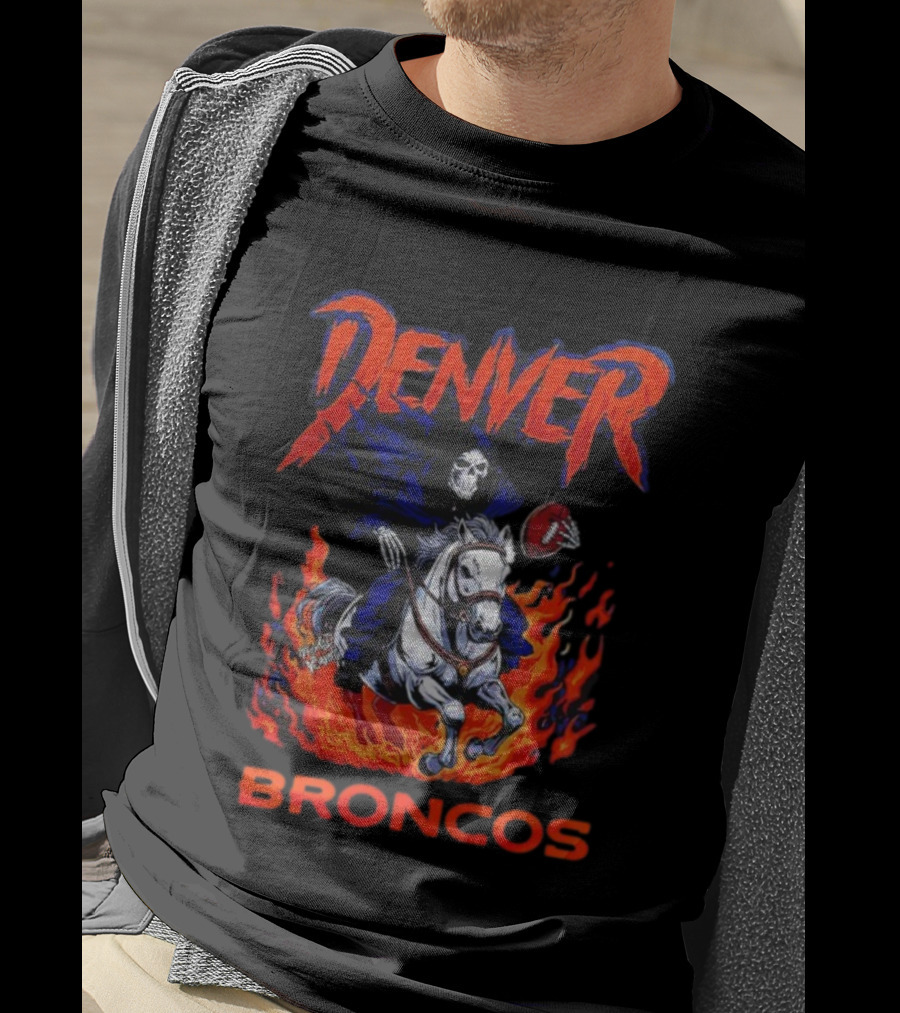 Denver Broncos Grim Reaper Skeleton Horse Football Flame Rider T-Shirt