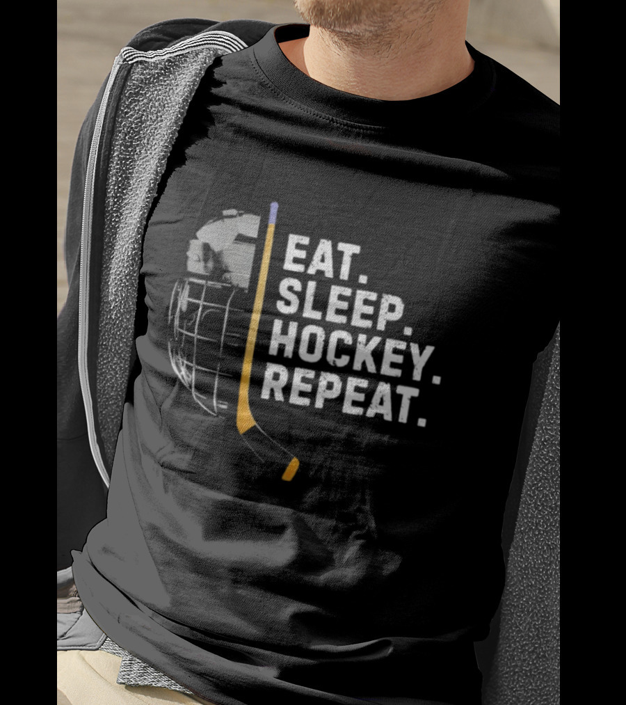 Eat Sleep Hockey Repeat Funny Cool Hockey Player Stick And Goalie Mask T-Shirt