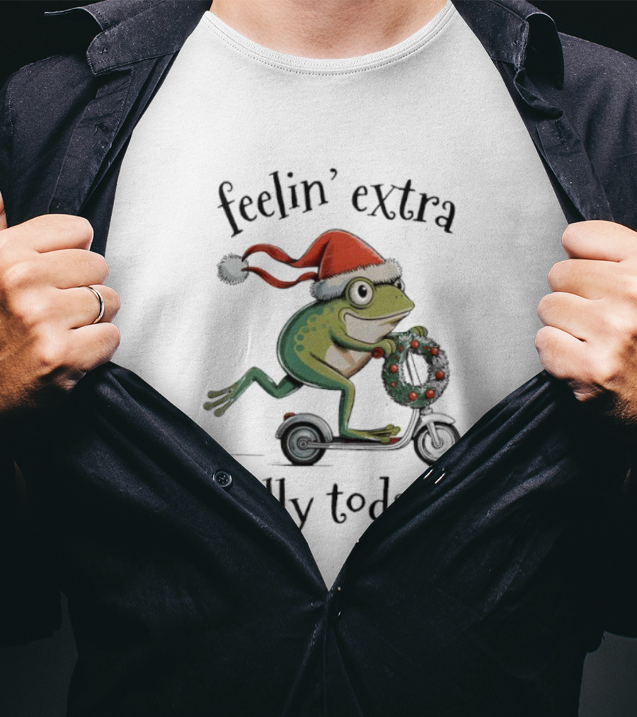 Feelin' Extra Jolly Today Frog Santa Hat Christmas Wreath Scooter T-Shirt