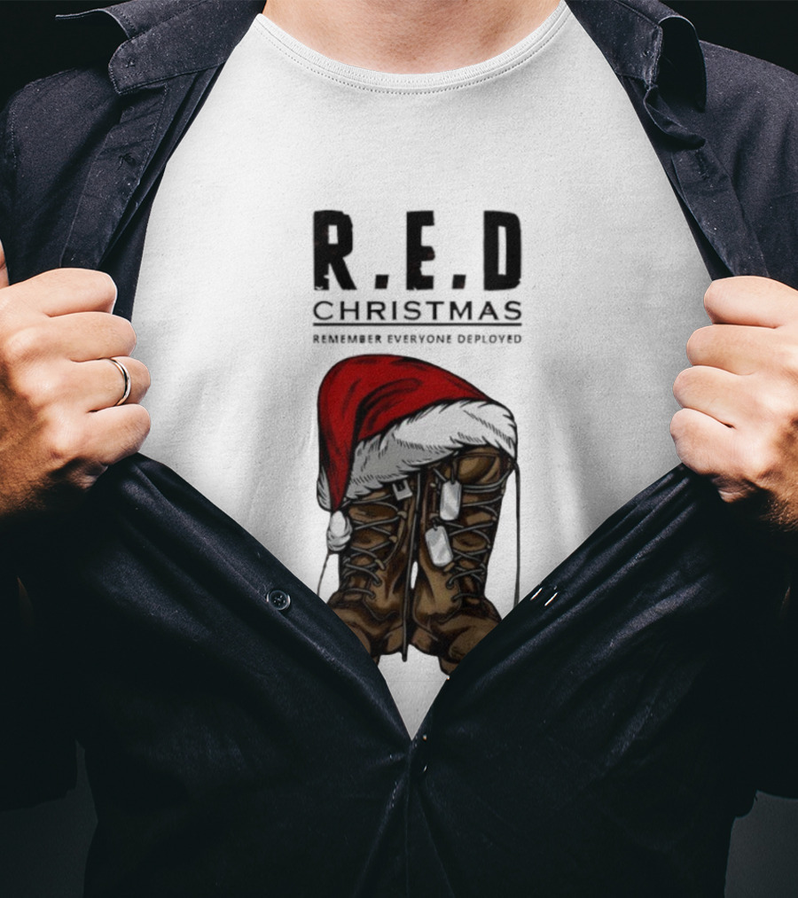 Red Christmas Santa Hat Boots Remember Everyone Deployed T-Shirt